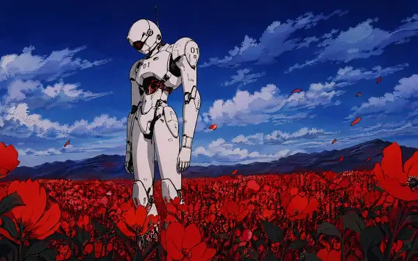 Sci-fi white robot stands amid a sea of red poppies beneath a dramatic blue sky — 4K Ultra HD PC desktop wallpaper/background.