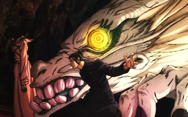 Jujutsu Kaisen 5K Ultra HD PC wallpaper: Suguru Geto faces a monstrous cursed spirit/shinigami with a glowing yellow eye in a dramatic anime background.