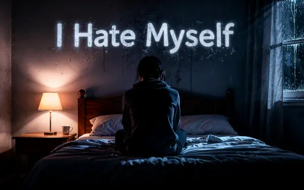 4K Ultra HD PC desktop wallpaper: a lone figure sits on a bed in a dim room, I Hate Myself glowing on the wall, conveying deep sadness and depression.