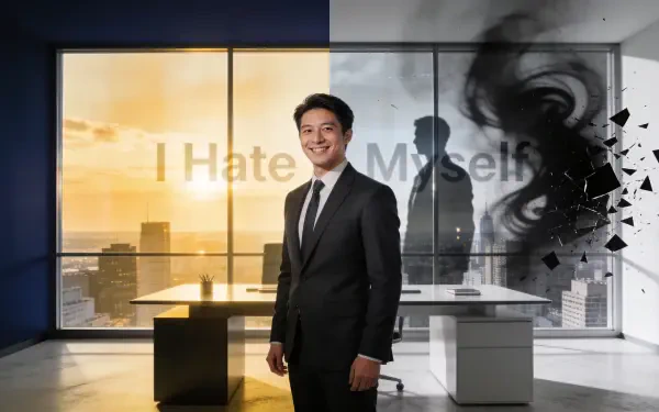 4K Ultra HD PC desktop wallpaper of a smiling businessman in a split office: warm golden city view left, monochrome fractured shadow and the words I Hate Myself on the right.