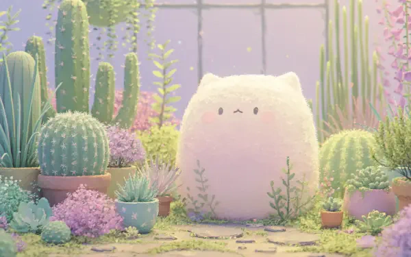 Cute fluffy chubby white cat-like creature among pastel cacti and succulents in a sunlit greenhouse — 2K Quad HD PC desktop wallpaper and background.