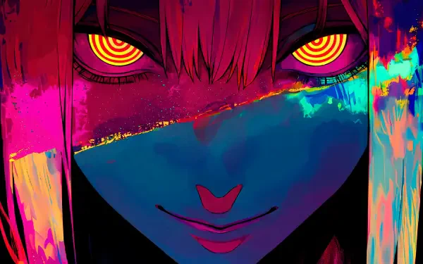 Close-up watercolor painting of Makima (Chainsaw Man): neon anime portrait with hypnotic spiral glowing eyes, vivid brushstrokes and color, rendered as a 5K Ultra HD PC desktop wallpaper.