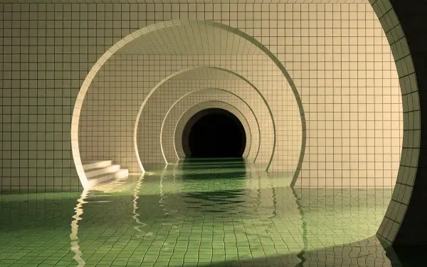 Poolcore liminal scene of white-tiled arched pool tunnel, green water reflections and eerie atmosphere — 5K Ultra HD PC desktop wallpaper.