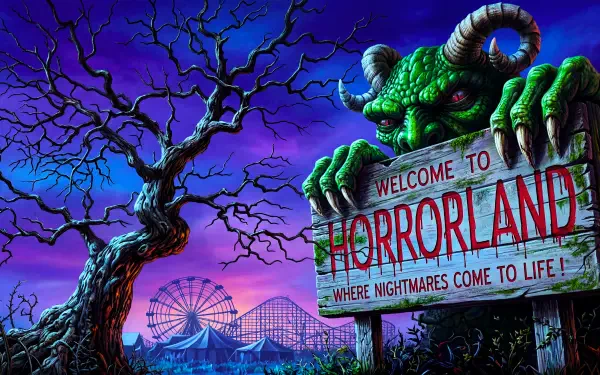 5K Ultra HD desktop wallpaper: Goosebumps horror aesthetic inspired by R.L. Stine's kids novel Welcome to Horrorland — green horned monster clutching the park sign beneath a twisted tree and ferris wheel.