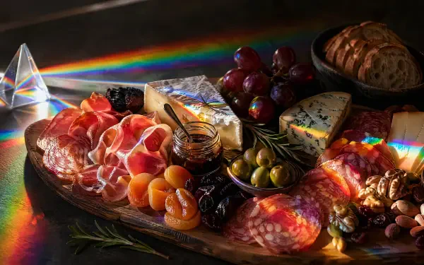4K Ultra HD PC desktop wallpaper and background: a vibrant charcuterie board with cured meats, cheeses, olives, apricots, grapes, nuts and bread on a wooden board lit by prism rainbow light.