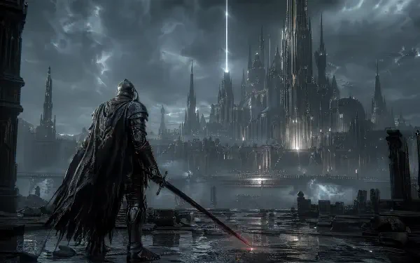 Dark Souls 4K Ultra HD PC desktop wallpaper and background: lone armored knight with bloodied sword faces a towering, storm-lit gothic castle across flooded, ruined battlements.