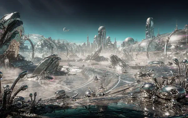 Futuristic alien landscape 4K Ultra HD PC wallpaper background: metallic domes, crystalline rocks, reflective pools, winding paths under a teal sky with distant spires and moons.