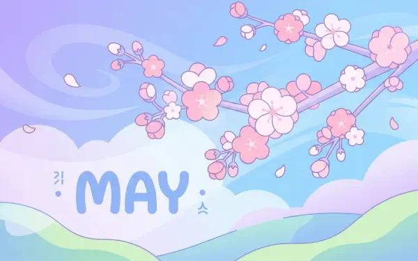 Minimalist pastel May scene: cherry blossoms drifting over rolling hills, soft clouds and MAY lettering — 5K Ultra HD PC desktop wallpaper.