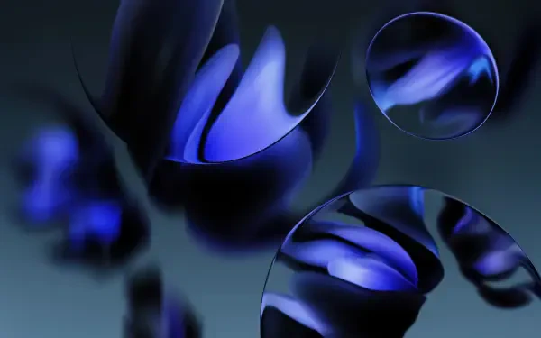 Dark blue abstract curves and glossy circular reflections in a blue aesthetic — 5K Ultra HD PC desktop wallpaper/background.