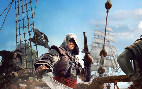 Assassin's Creed Black Flag Resynced game art: hooded pirate assassin on a ship deck aiming a flintlock pistol, sails and sea behind — 4K Ultra HD PC desktop wallpaper.