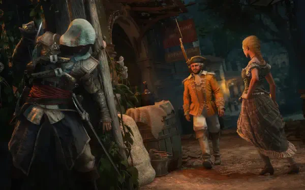 4K Ultra HD PC desktop wallpaper for Assassin's Creed Black Flag Resynced: hooded assassin concealed in foliage watches colonial-era figures by torchlight at a tropical night port.