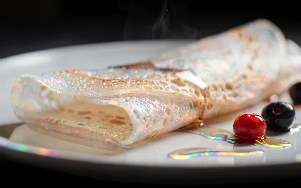 4K Ultra HD PC desktop wallpaper of a delicate crêpe folded on a white plate, glistening with syrup and two berries, steam rising against a soft blurred background.