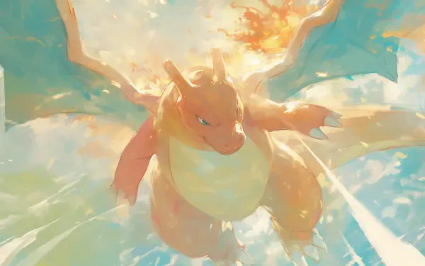 Charizard (Pokémon) anime-style 2K Quad HD PC desktop wallpaper: fiery orange dragon soaring with wings spread amid splashing water and glowing flames.