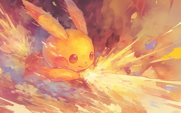 Painterly anime Pikachu (Pokémon) surging through golden electric sparks in a vivid 2K Quad HD PC desktop wallpaper background.