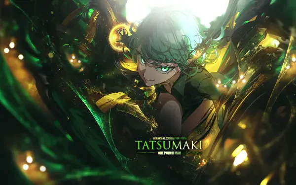Tatsumaki surrounded by swirling green psychic energy, intense gaze and dramatic lighting — 4K Ultra HD PC desktop wallpaper/background.
