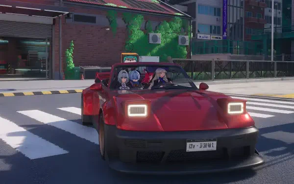 Video game 2K Quad HD PC desktop wallpaper/background for Neverness to Everness: three characters in a red convertible crossing a sunlit city intersection.