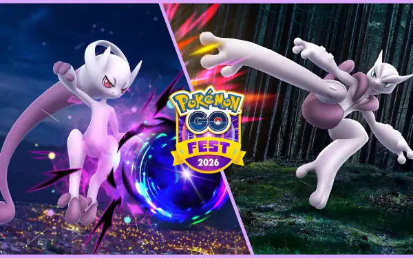 4K Ultra HD PC desktop wallpaper for the mobile game Pokémon GO featuring legendary Mega Mewtwo X and Mega Mewtwo Y with a Pokémon GO Fest 2026 emblem.