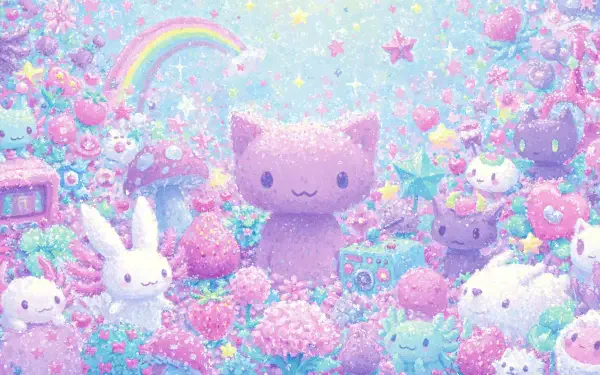 Dreamy cutecore pastel aesthetic cozycore scene: plush purple cat among smiling bunnies, stars, rainbows and flowers — whimsical 2K Quad HD PC desktop wallpaper background.