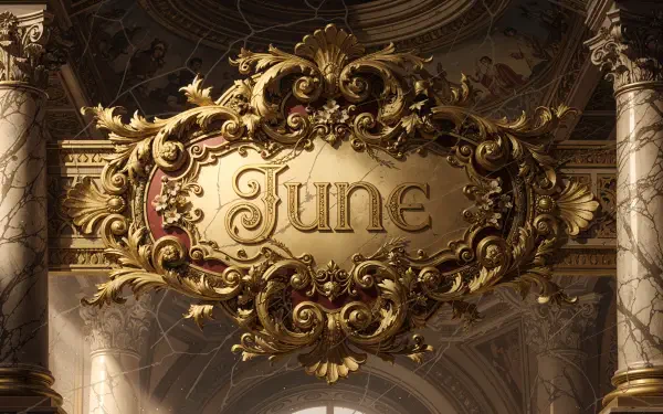 Ornate baroque gold plaque engraved with June amid marble columns and gilded scrollwork — 4K Ultra HD PC desktop wallpaper and background.