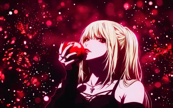 5K Ultra HD PC wallpaper of Misa Amane from Death Note: gothic anime girl with Shinigami eyes holding a red apple against a dark, glittering crimson background.