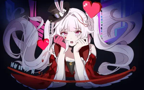 HD PC wallpaper of Sparxie from the video game Honkai: Star Rail — pink-haired, twin-tailed character resting her chin on her hands with floating hearts and neon purple-blue backdrop.