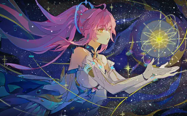 Aemeath from Wuthering Waves, pink-haired video game girl in flowing outfit conjures a glowing star against a starry 2K Quad HD PC desktop wallpaper background.