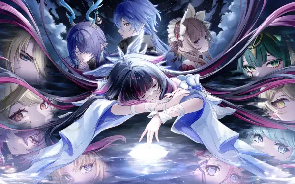 4K Ultra HD PC wallpaper of Genshin Impact: Varka, Columbina, Nefer and Flins encircle a central figure reaching toward a glowing pool beneath a stormy, moonlit sky.