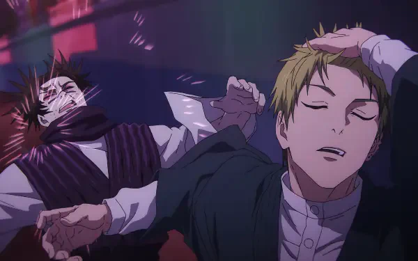 4K Ultra HD PC wallpaper from Jujutsu Kaisen 3rd Season: Naoya Zenin relaxed as aura-farming energy ripples, Choso staggers against a dark urban background.