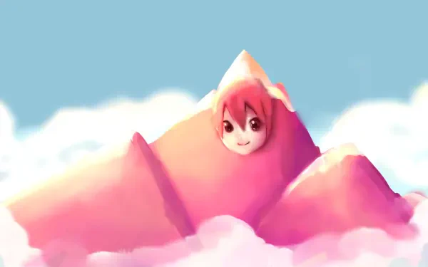 HD PC desktop wallpaper of Kasane Teto (Utau) depicted as a pink mountain with her face peeking from snowy peaks above fluffy clouds beneath a clear blue sky.