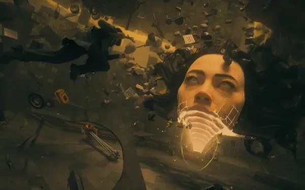 Surreal scene from the video game Control: Resonant — a giant fragmented face floating among drifting debris and glowing circuitry, 4K Ultra HD PC desktop wallpaper