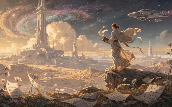 Poetcore 4K Ultra HD PC desktop wallpaper: lone poet in flowing robes on a cliff scattering papers toward a vast futuristic city under swirling galaxy skies with floating airships.