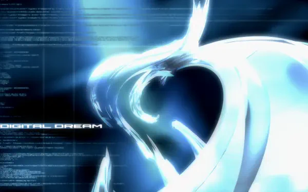 Y2K metalheart abstract HD PC desktop wallpaper: glowing metallic heart spiral in blue-white light with streaming code and DIGITAL DREAM text.