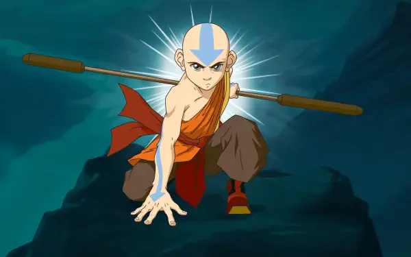 Aang from Avatar: The Last Airbender crouched on a cliff with his arrow glowing and staff across his shoulders — vivid 4K Ultra HD PC desktop wallpaper and background.