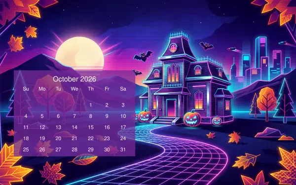 October 2026 calendar over a neon Halloween 5K Ultra HD PC Desktop Wallpaper and Background: haunted house, full moon, bats, jack-o'-lanterns, glowing city skyline and falling autumn leaves.