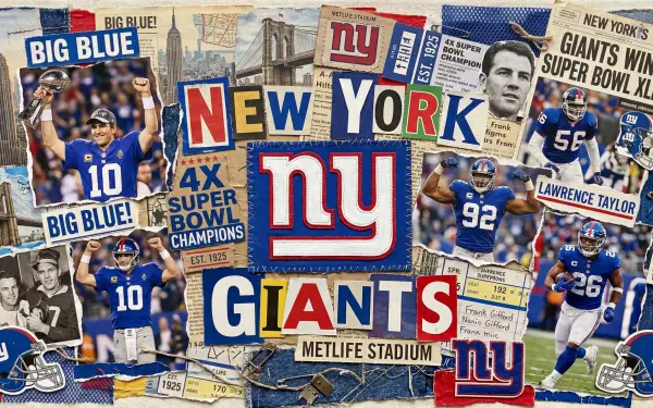 5K Ultra HD PC desktop wallpaper and background: collage of New York Giants logos, blue-uniformed players, MetLife Stadium and championship headlines.