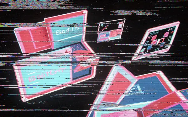 Glitchcore 4K Ultra HD PC desktop wallpaper/background: floating glitching laptops and screens in pink, cyan and black with scanline distortion.