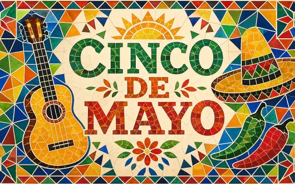 4K Ultra HD PC desktop wallpaper/background: vibrant mosaic Cinco de Mayo design with guitar, sombrero, chilies, sun and colorful geometric tiles.