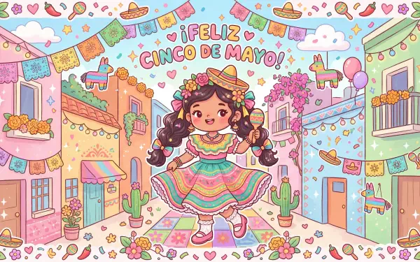 Colorful Cinco de Mayo 5K Ultra HD PC desktop wallpaper and background: cheerful girl in traditional dress dancing in a festive pastel street with papel picado, sombreros, cacti and confetti.