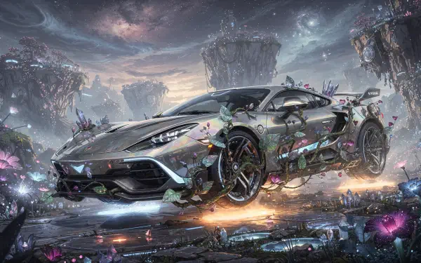 Futuristic damaged hypercar hovering in a neon bioluminescent alien landscape with floating rock pillars and cosmic sky — 4K Ultra HD PC Desktop Wallpaper and Background