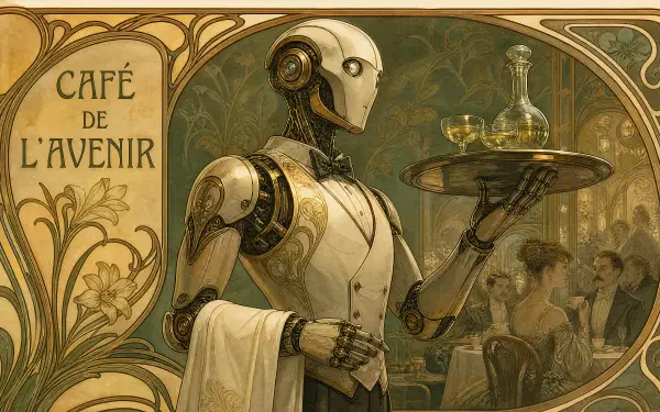 Art Nouveau robot waiter serving drinks in a vintage café scene, 4K Ultra HD PC desktop wallpaper and background.