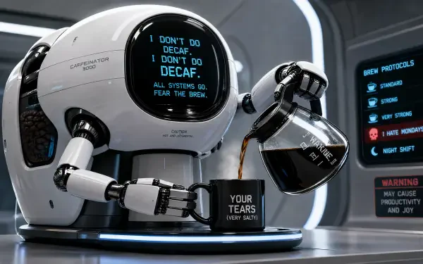 4K Ultra HD PC Desktop Wallpaper and Background: glossy white robot pours dark coffee into a mug labeled YOUR TEARS; its screen blares DON'T DO DECAF in a sleek sci‑fi lab.