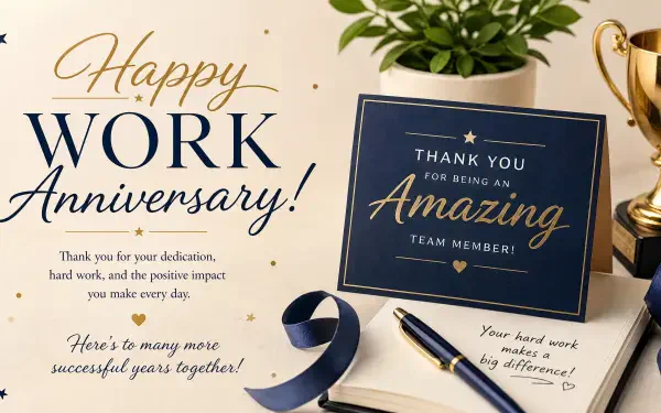 4K Ultra HD PC desktop wallpaper/background: elegant work anniversary scene with Happy Work Anniversary headline, thank-you card reading Thank you for being an Amazing team member, trophy, ribbon, pen, plant.