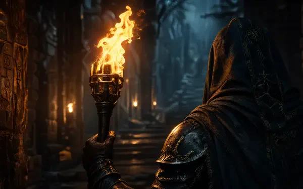 Hooded figure holds a blazing torch down a dark, misty forest corridor — 4K Ultra HD PC desktop wallpaper and background.