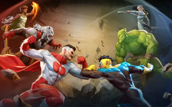 HD PC desktop wallpaper background for the video game Invincible VS: two central heroes clash mid-punch while four superpowered fighters circle in a shattered arena.