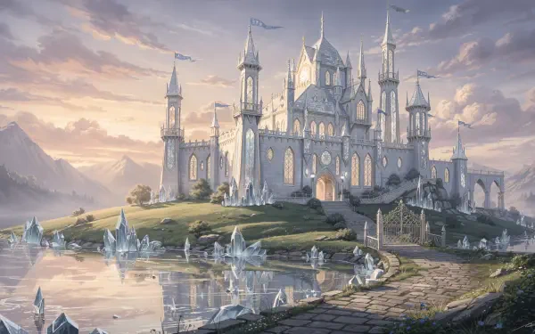 4K Ultra HD PC desktop wallpaper/background: luminous fairytale castle on a lakeshore with crystal reflections, towering spires, arched bridges and misty mountains under a pastel sunrise.