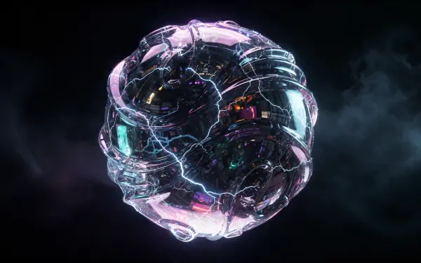 4K Ultra HD PC desktop wallpaper/background: a translucent energy orb with neon circuitry and crackling light, hovering in a smoky dark void.