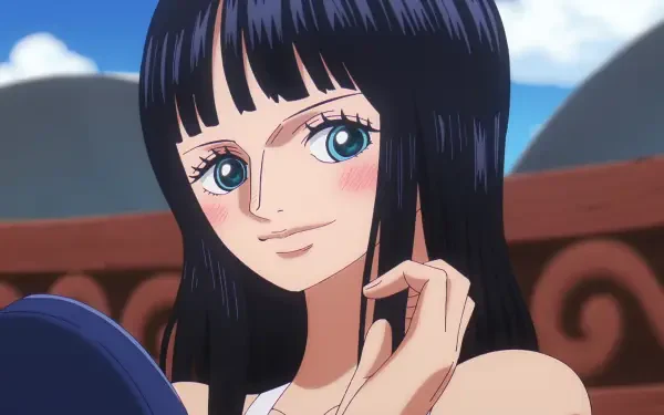HD PC desktop wallpaper of Nico Robin (One Piece): anime close-up portrait with a soft smile, long dark hair and blue eyes, ship deck and bright sky in the background.