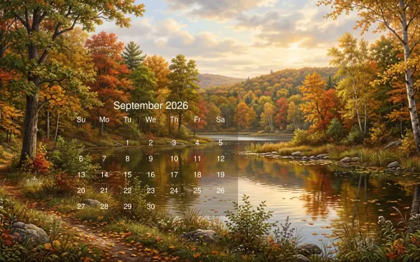 September 2026 calendar on a 5K Ultra HD PC desktop wallpaper and background: autumn lake with colorful trees, reflections, rolling hills and a golden sky.