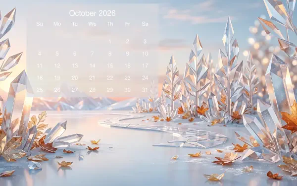 October 2026 calendar 5K Ultra HD PC desktop wallpaper background depicting a crystalline autumn landscape with golden leaves floating on a glassy icy lake.