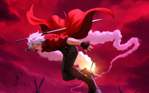 Anime Devil May Cry wallpaper: Dante in a red coat leaps through a crimson sky, sword over his shoulder, bats and smoky trails behind — 4K Ultra HD PC desktop background.